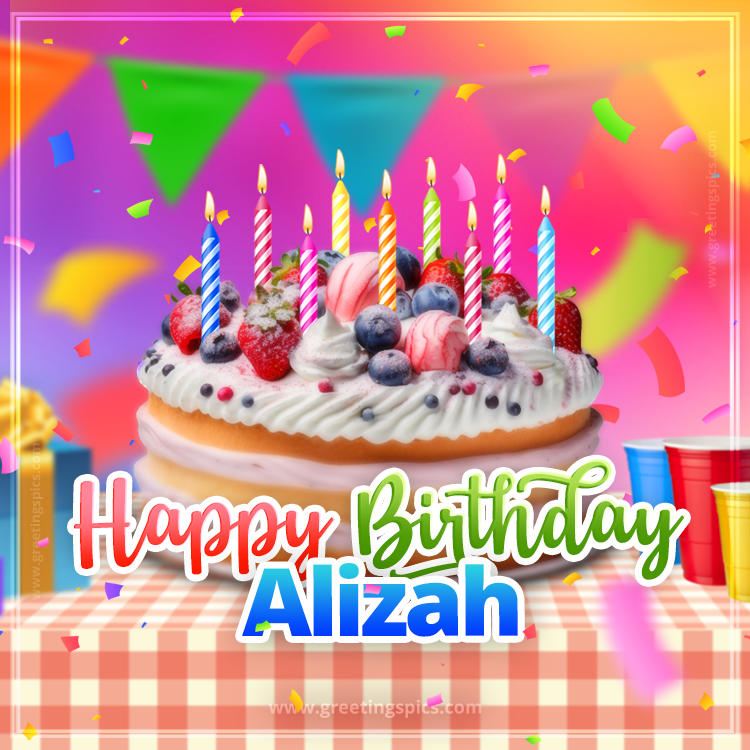 Happy Birthday Alizah Colorful Image with fruit cake and candles (square shape image)