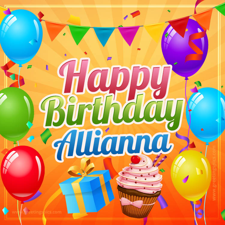 Happy Birthday Allianna eCard with gift box and cupcake (square shape image)