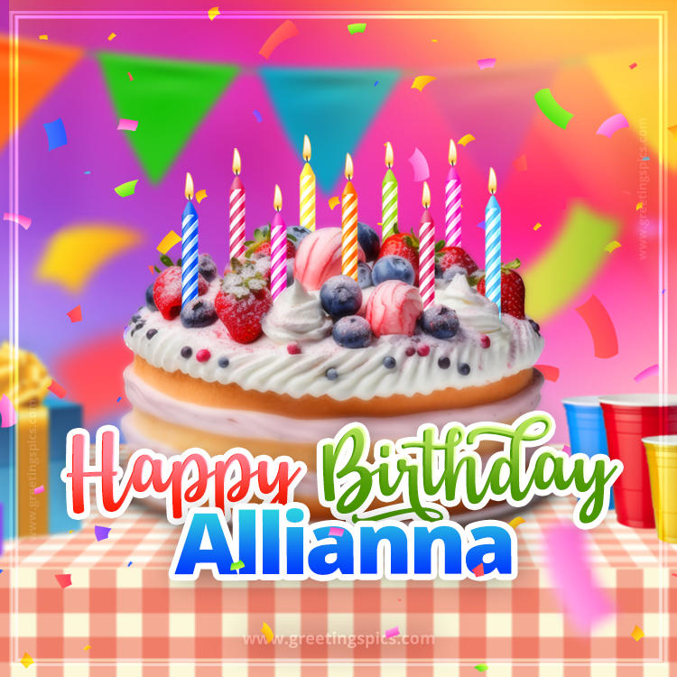 Happy Birthday Allianna Colorful Image with fruit cake and candles (square shape image)