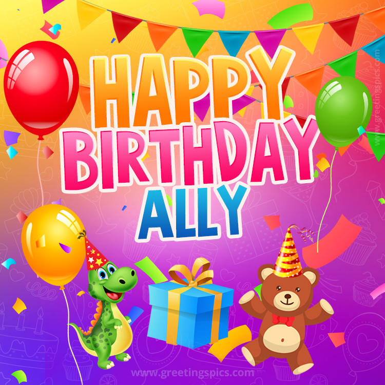 Happy Birthday Ally Image for a child with cute dinosaur and bear (square shape image)