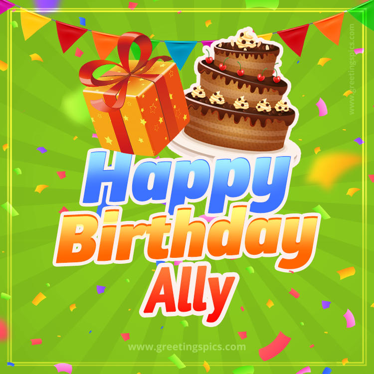 Happy Birthday Ally picture with flags, chocolate cake and gift box (square shape image)