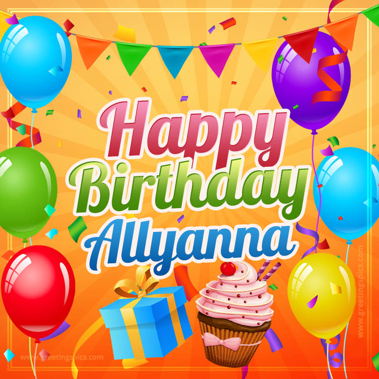 Happy Birthday Allyanna eCard with gift box and cupcake (square shape image)