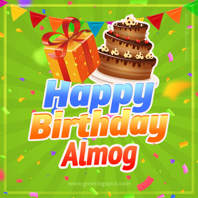 Happy Birthday Almog picture with flags, chocolate cake and gift box (square shape image)