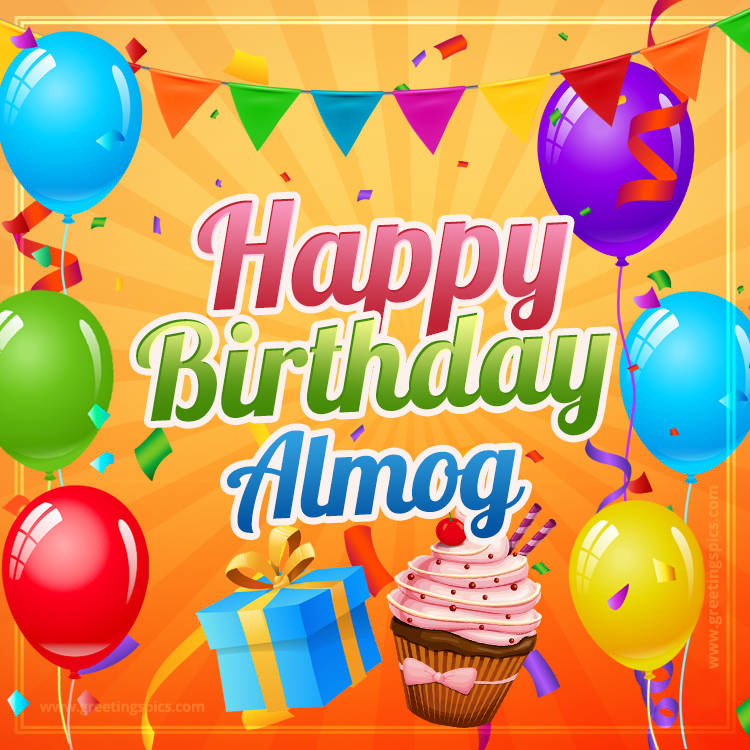 Happy Birthday Almog eCard with gift box and cupcake (square shape image)