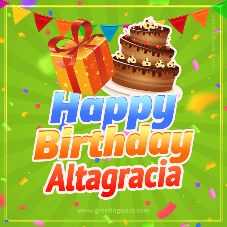 Happy Birthday Altagracia picture with flags, chocolate cake and gift box (square shape image)