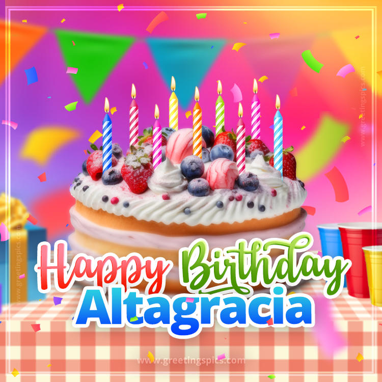 Happy Birthday Altagracia Colorful Image with fruit cake and candles (square shape image)