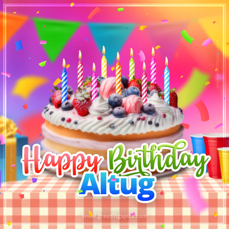 Happy Birthday Altug Colorful Image with fruit cake and candles (square shape image)