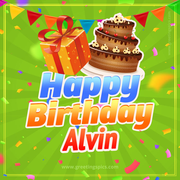 Happy Birthday Alvin picture with flags, chocolate cake and gift box (square shape image)