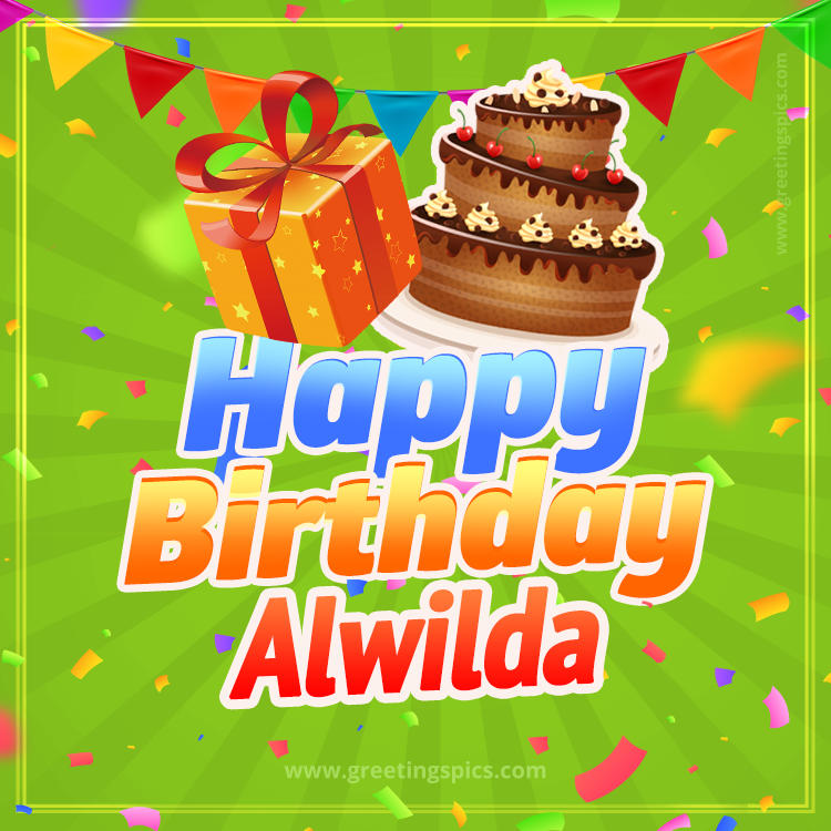 Happy Birthday Alwilda picture with flags, chocolate cake and gift box (square shape image)