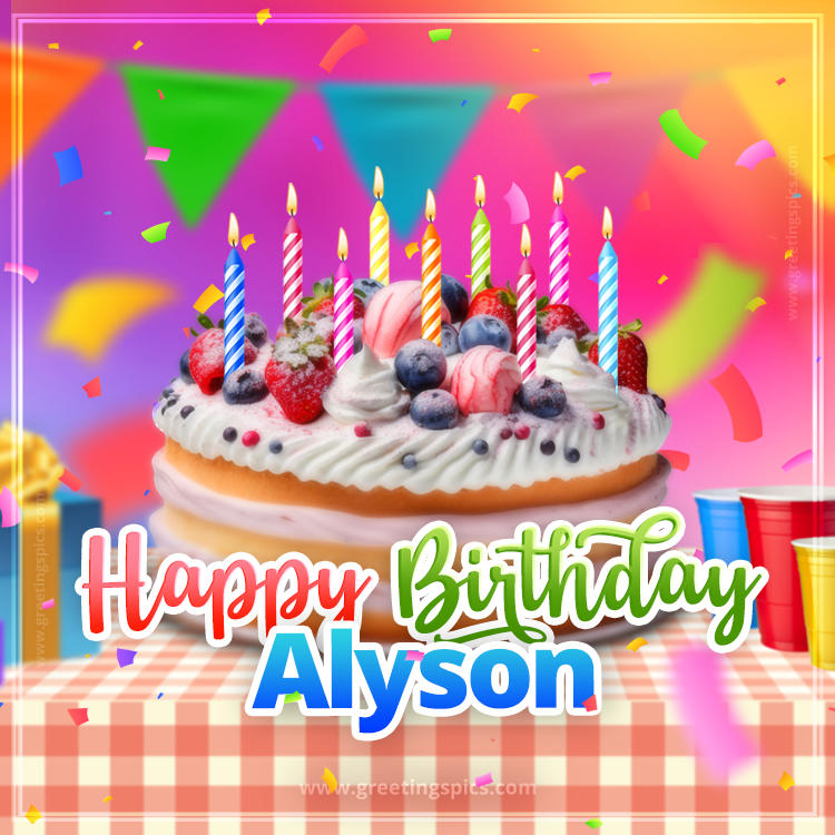 Happy Birthday Alyson Colorful Image with fruit cake and candles (square shape image)