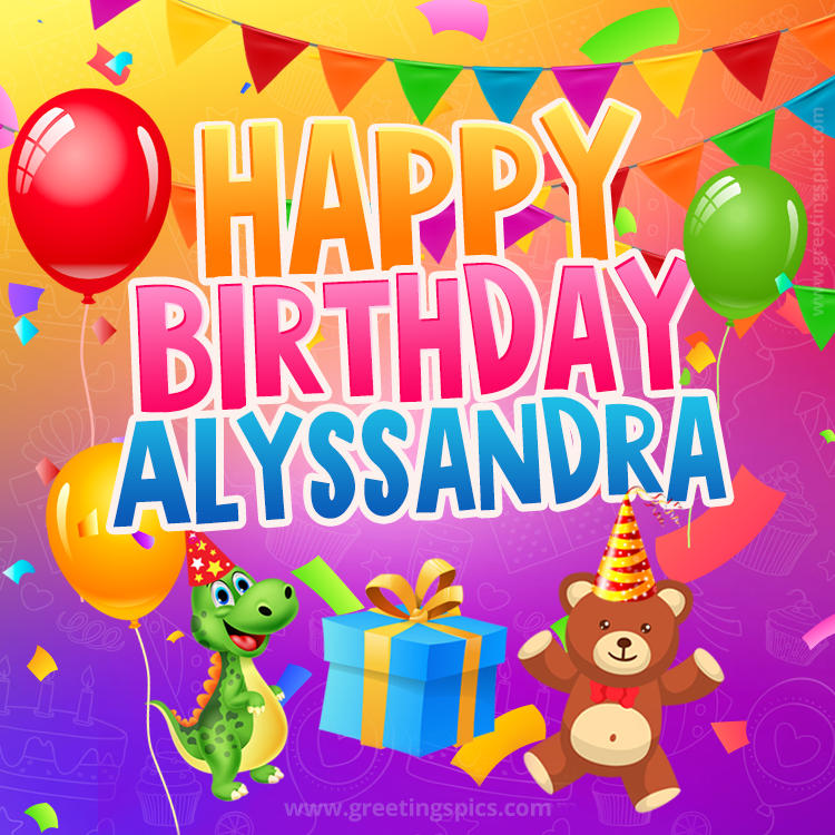 Happy Birthday Alyssandra Image for a child with cute dinosaur and bear (square shape image)