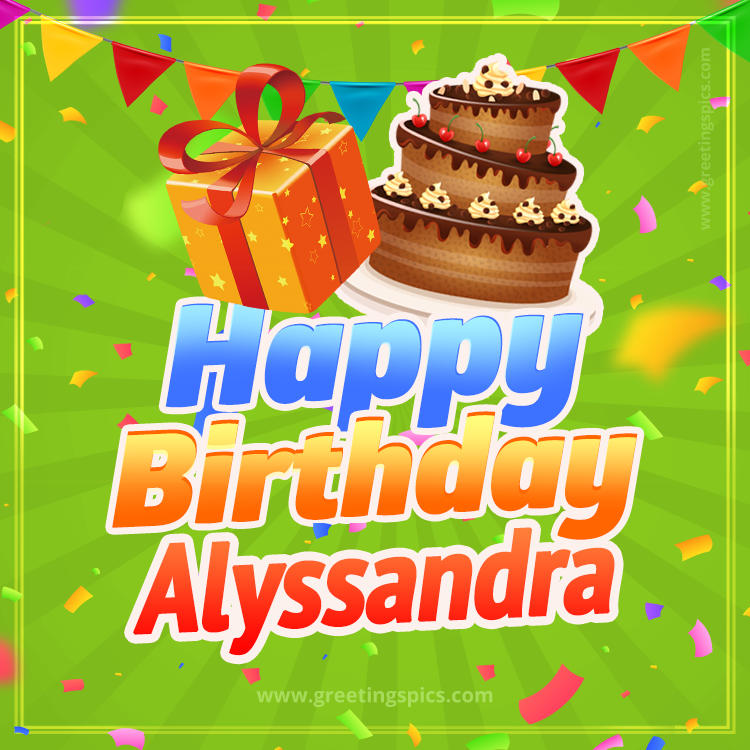 Happy Birthday Alyssandra picture with flags, chocolate cake and gift box (square shape image)