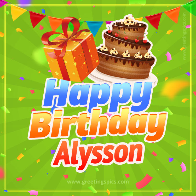 Happy Birthday Alysson picture with flags, chocolate cake and gift box (square shape image)