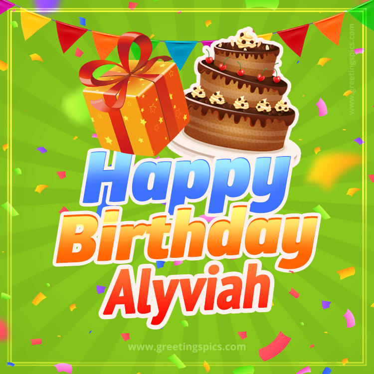 Happy Birthday Alyviah picture with flags, chocolate cake and gift box (square shape image)