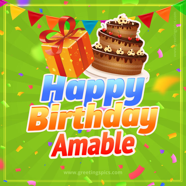 Happy Birthday Amable picture with flags, chocolate cake and gift box (square shape image)