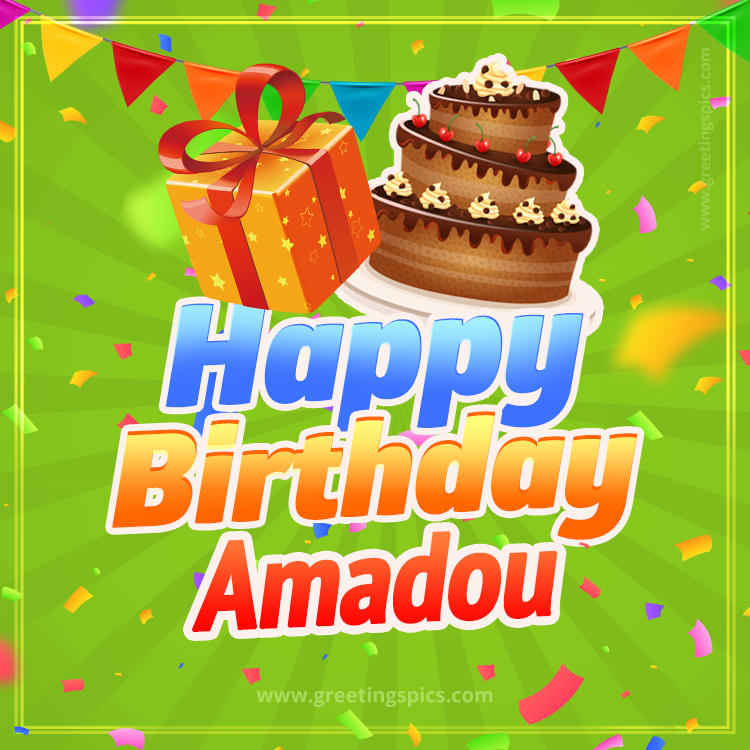 Happy Birthday Amadou picture with flags, chocolate cake and gift box (square shape image)