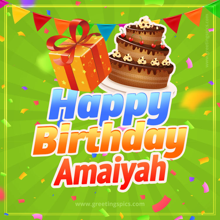 Happy Birthday Amaiyah picture with flags, chocolate cake and gift box (square shape image)