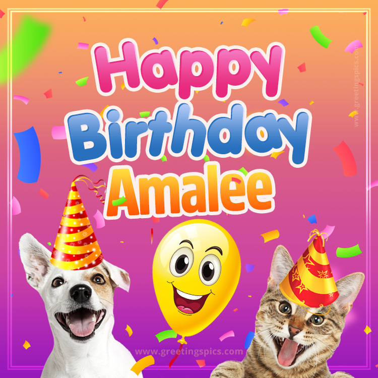 Happy Birthday Amalee Funny Image with cat and dog (square shape image)