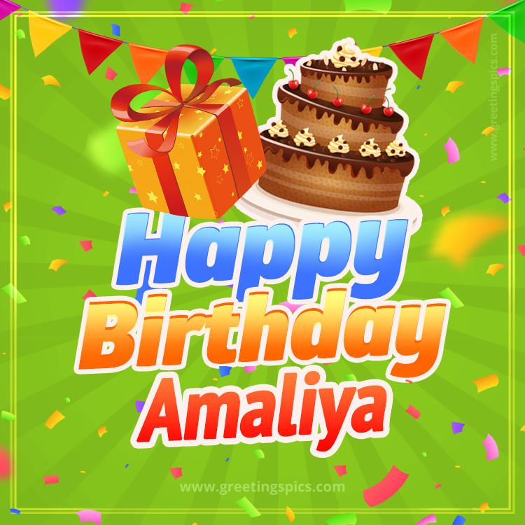 Happy Birthday Amaliya picture with flags, chocolate cake and gift box (square shape image)