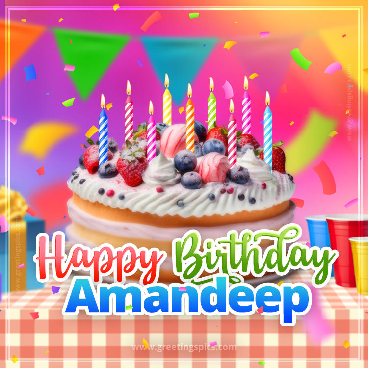 Happy Birthday Amandeep Colorful Image with fruit cake and candles (square shape image)