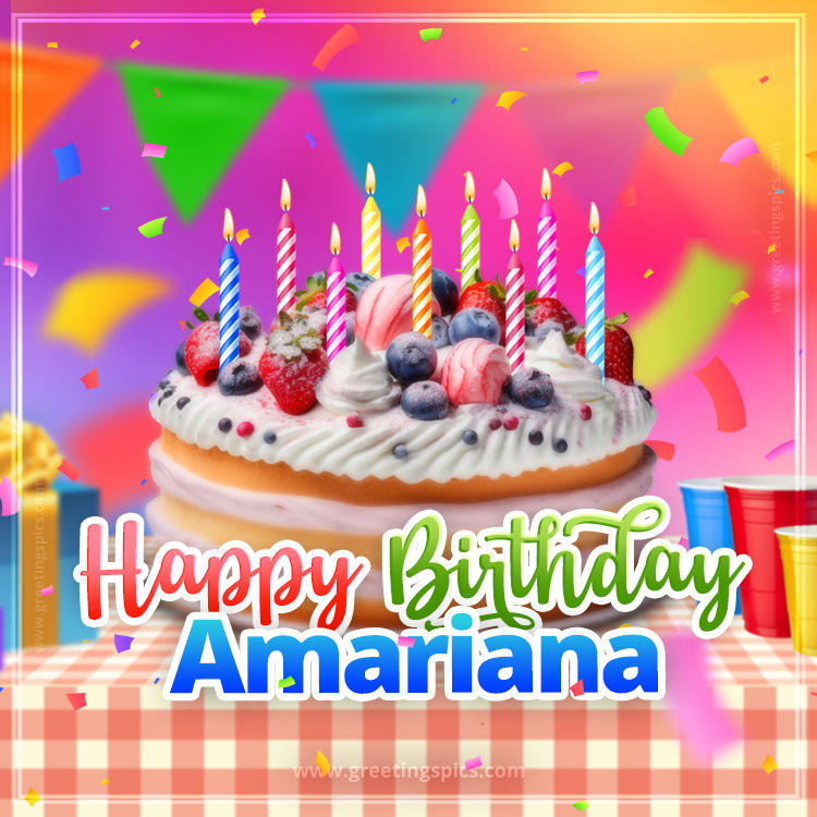 Happy Birthday Amariana Colorful Image with fruit cake and candles (square shape image)