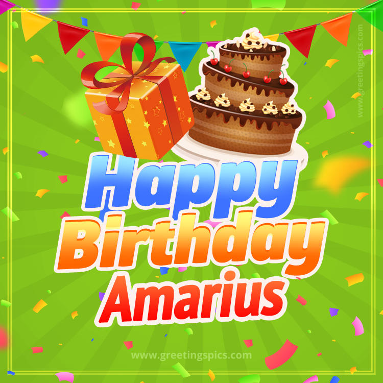 Happy Birthday Amarius picture with flags, chocolate cake and gift box (square shape image)