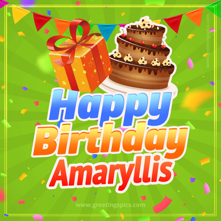 Happy Birthday Amaryllis picture with flags, chocolate cake and gift box (square shape image)