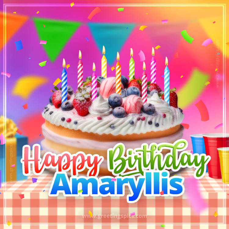 Happy Birthday Amaryllis Colorful Image with fruit cake and candles (square shape image)