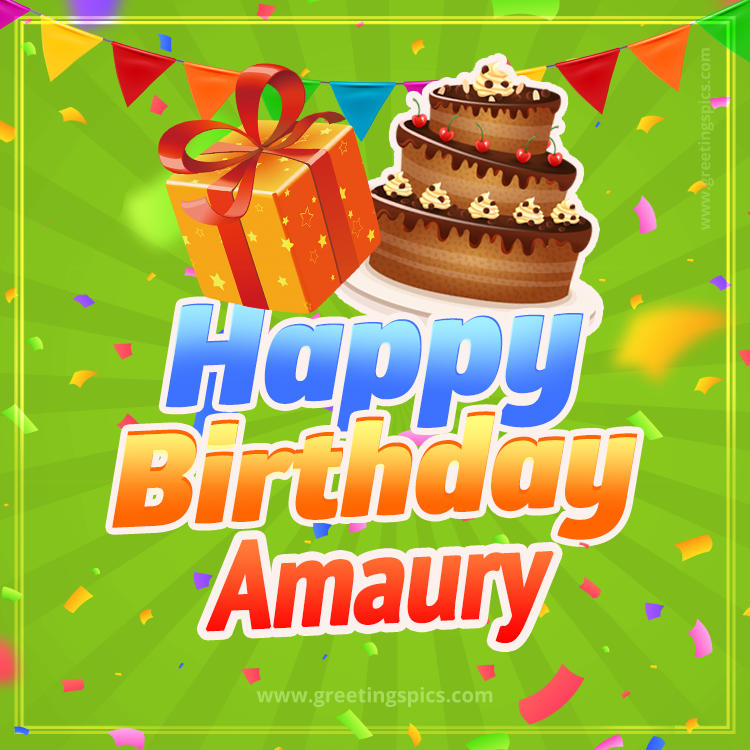 Happy Birthday Amaury picture with flags, chocolate cake and gift box (square shape image)