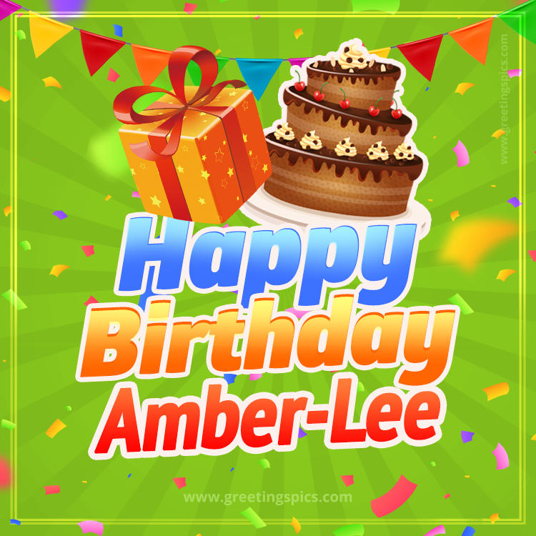 Happy Birthday Amber-Lee picture with flags, chocolate cake and gift box (square shape image)