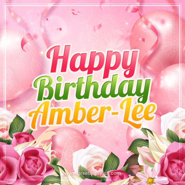 Image with gentle pink background and flowers Happy Birthday Amber-Lee (square shape image)