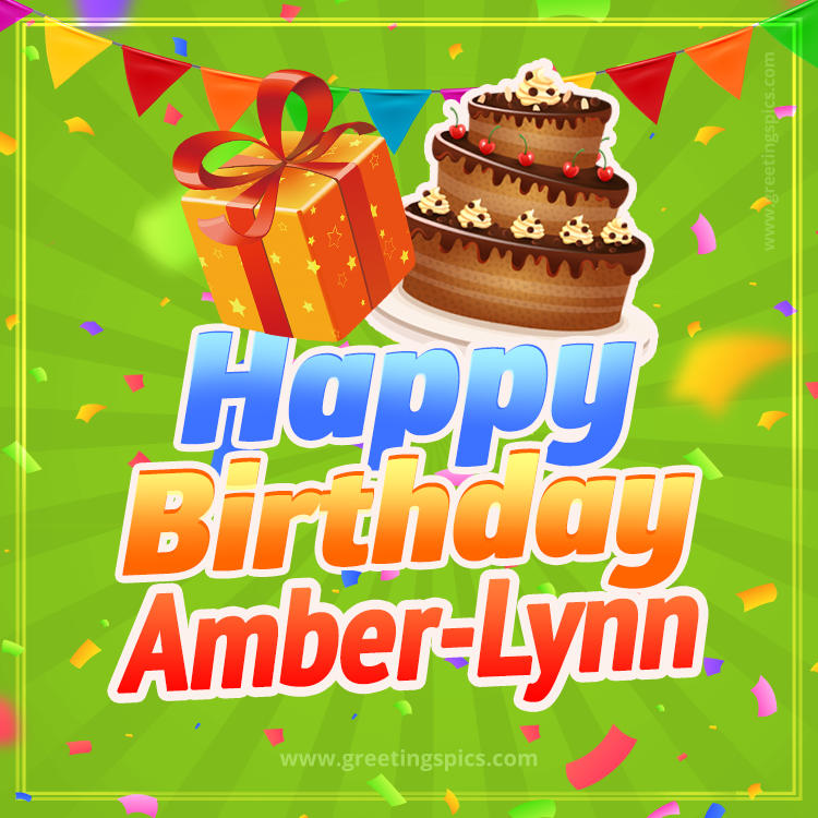 Happy Birthday Amber-Lynn picture with flags, chocolate cake and gift box (square shape image)