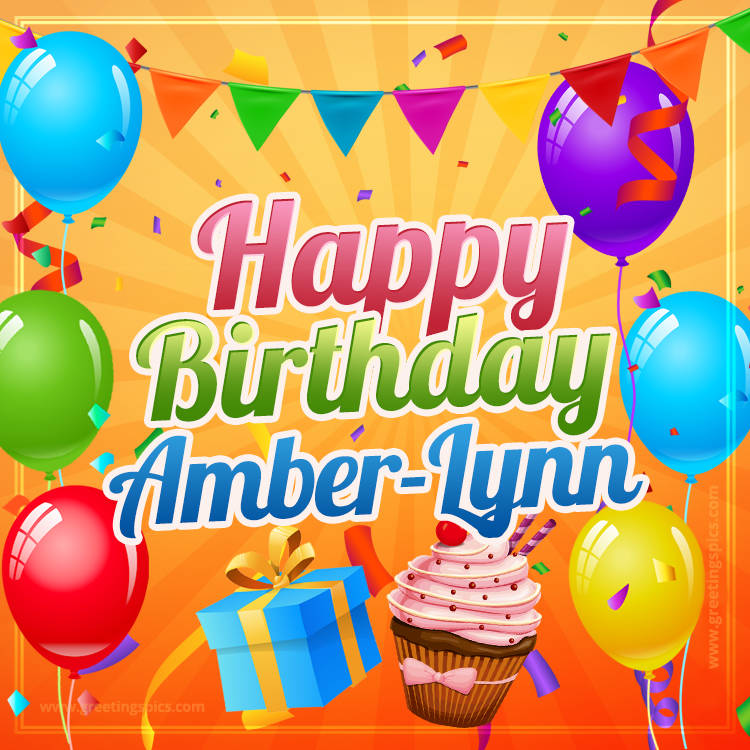 Happy Birthday Amber-Lynn eCard with gift box and cupcake (square shape image)