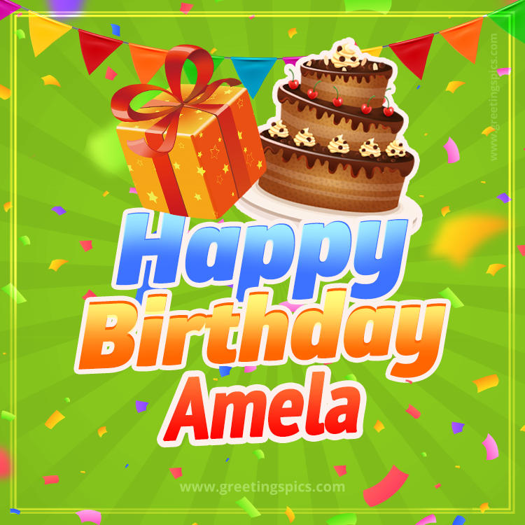 Happy Birthday Amela picture with flags, chocolate cake and gift box (square shape image)