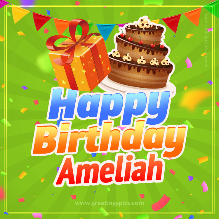 Happy Birthday Ameliah picture with flags, chocolate cake and gift box (square shape image)