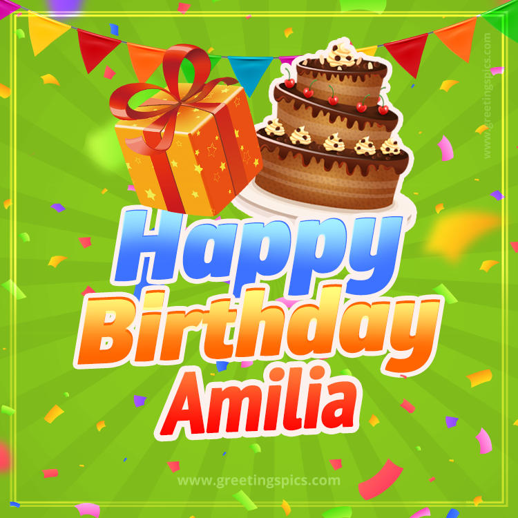 Happy Birthday Amilia picture with flags, chocolate cake and gift box (square shape image)