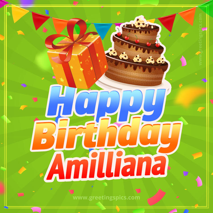 Happy Birthday Amilliana picture with flags, chocolate cake and gift box (square shape image)