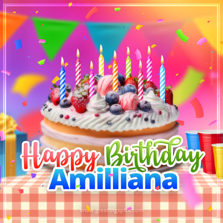 Happy Birthday Amilliana Colorful Image with fruit cake and candles (square shape image)