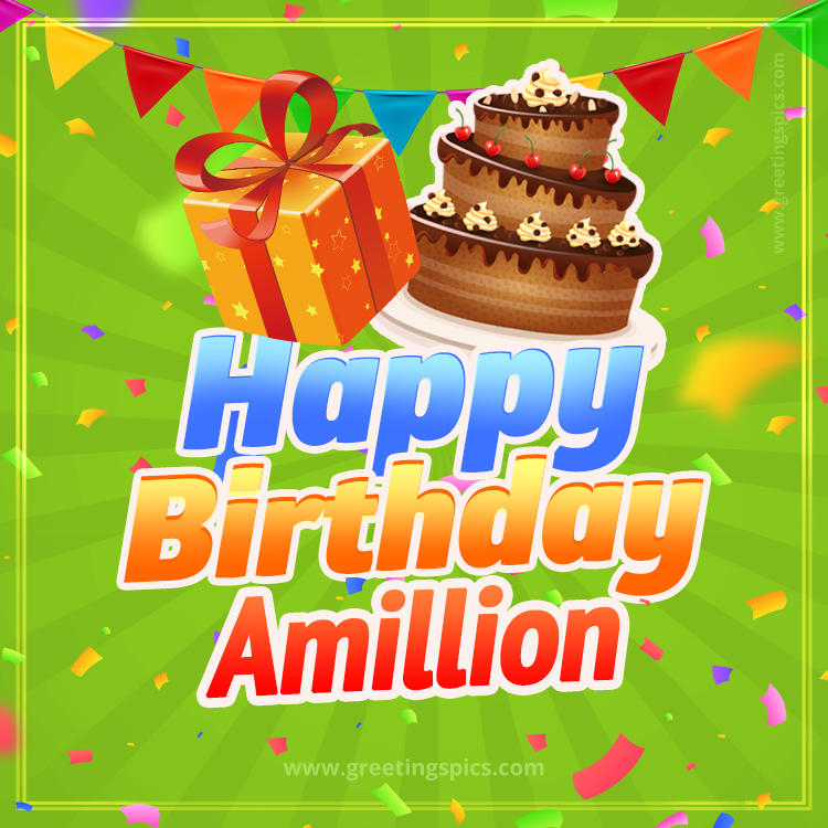 Happy Birthday Amillion picture with flags, chocolate cake and gift box (square shape image)