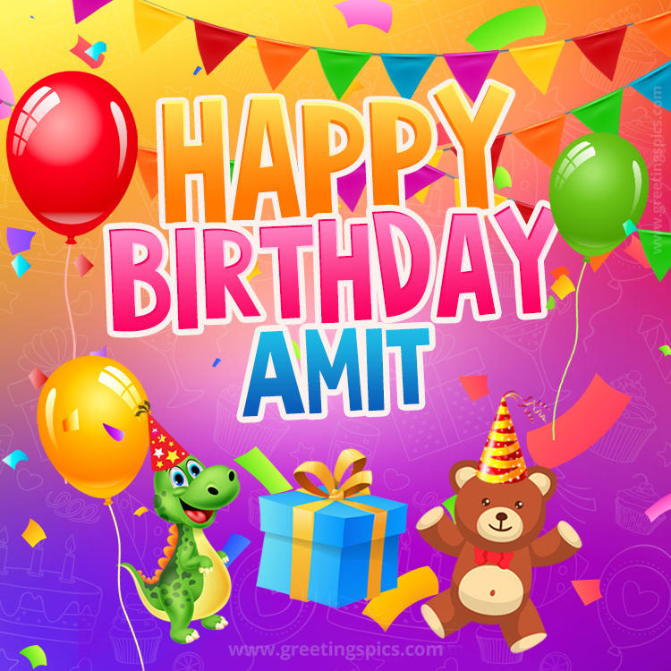 Happy Birthday Amit Image for a child with cute dinosaur and bear (square shape image)