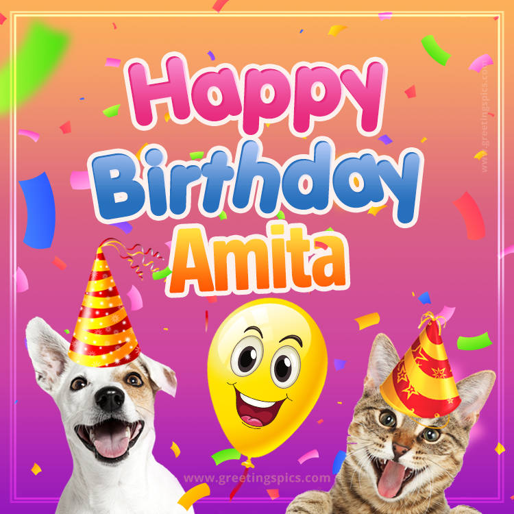 Happy Birthday Amita Funny Image with cat and dog (square shape image)