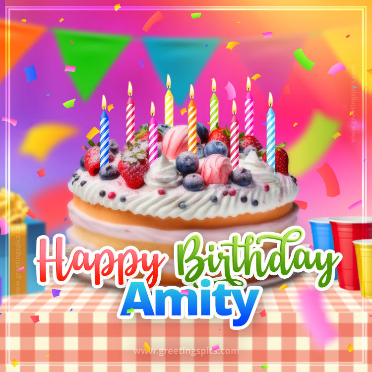 Happy Birthday Amity Colorful Image with fruit cake and candles (square shape image)