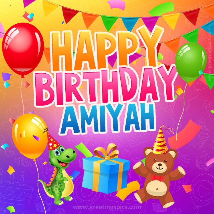 Happy Birthday Amiyah Image for a child with cute dinosaur and bear (square shape image)