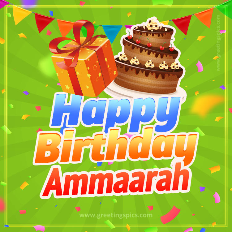 Happy Birthday Ammaarah picture with flags, chocolate cake and gift box (square shape image)