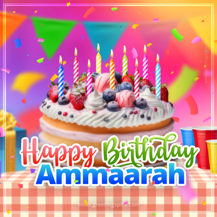 Happy Birthday Ammaarah Colorful Image with fruit cake and candles (square shape image)