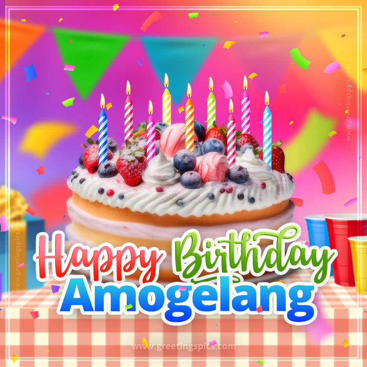 Happy Birthday Amogelang Colorful Image with fruit cake and candles (square shape image)