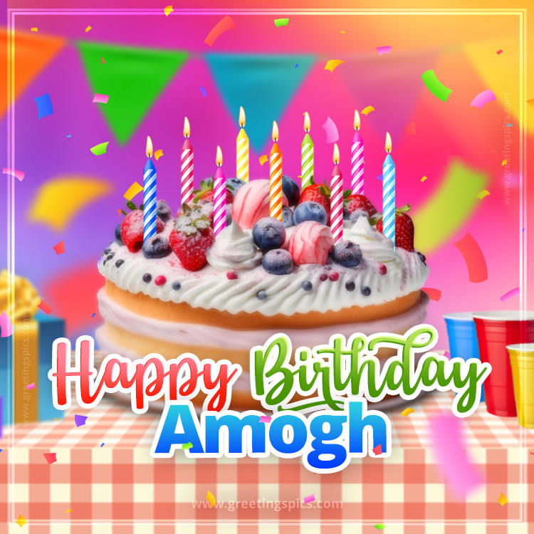 Happy Birthday Amogh Colorful Image with fruit cake and candles (square shape image)