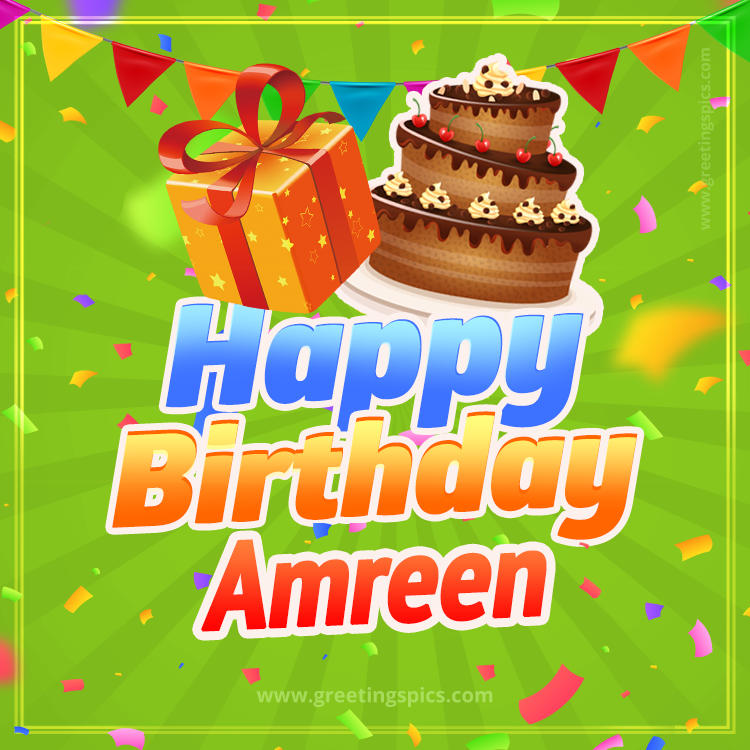 Happy Birthday Amreen picture with flags, chocolate cake and gift box (square shape image)