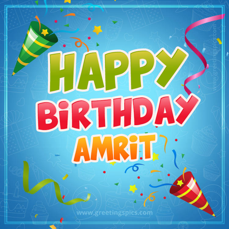 Happy Birthday Amrit picture with confetti and party poppers (square shape image)