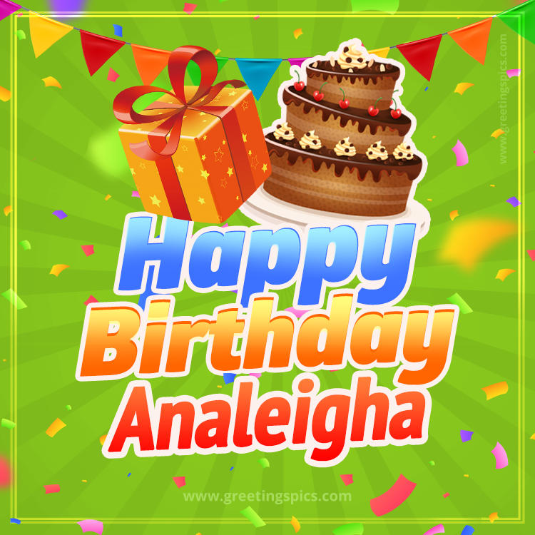 Happy Birthday Analeigha picture with flags, chocolate cake and gift box (square shape image)